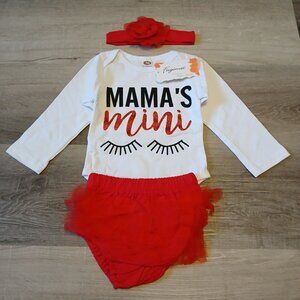 Baby Girl 0-3 Month Bodysuit Mama's Mini Long Sleeve 3-Piece Outfit Red Tutu Bow